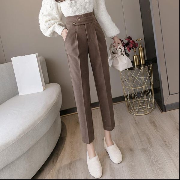 autumn winter solid woolen womens formal harem pants button 2020 new high waist office lady ankle length chic pants pocket, Black;white
autumn winter solid woolen womens formal harem pants button 2020 new high waist office lady ankle length chic pants pocket, Black;white
