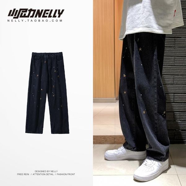 men's jeans guochao street hip hop splash ink accumulation straight pants five pointed star embroidery loose and women's alike, Blue
men's jeans guochao street hip hop splash ink accumulation straight pants five pointed star embroidery loose and women's alike, Blue