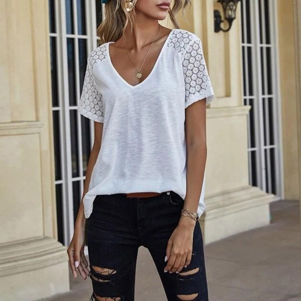 women's t-shirt women style lace stitching short-sleeved solid color loose top, White
women's t-shirt women style lace stitching short-sleeved solid color loose top, White