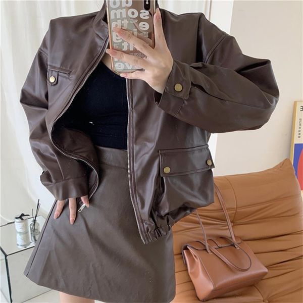 women's leather & faux autumn casual stand-up collar women retro pu woman jacket winter fashion loose long sleeve ladies, Black 
women's leather & faux autumn casual stand-up collar women retro pu woman jacket winter fashion loose long sleeve ladies, Black