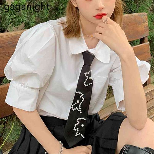 women summer blouses shirt puff short sleeve solid white with tie korean preppy style female shirts lapel blusas 210601
women summer blouses shirt puff short sleeve solid white with tie korean preppy style female shirts lapel blusas 210601