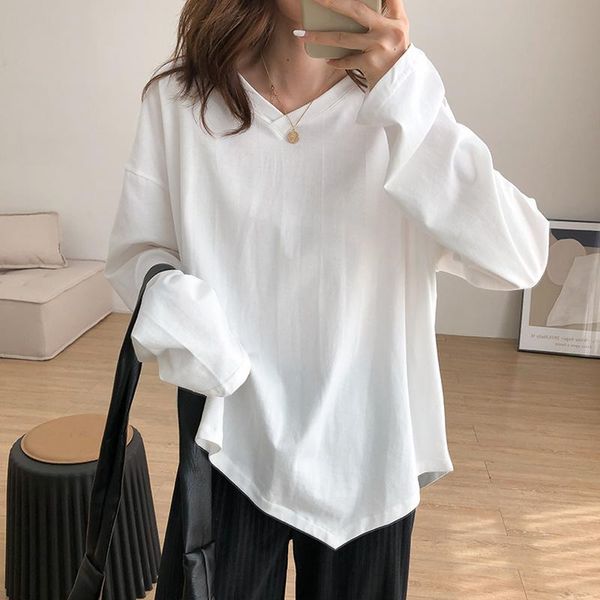 women's t-shirt autumn irregular v neck long sleeve t shirt female korean loose thin solid color casual basic tshirt, White
women's t-shirt autumn irregular v neck long sleeve t shirt female korean loose thin solid color casual basic tshirt, White
