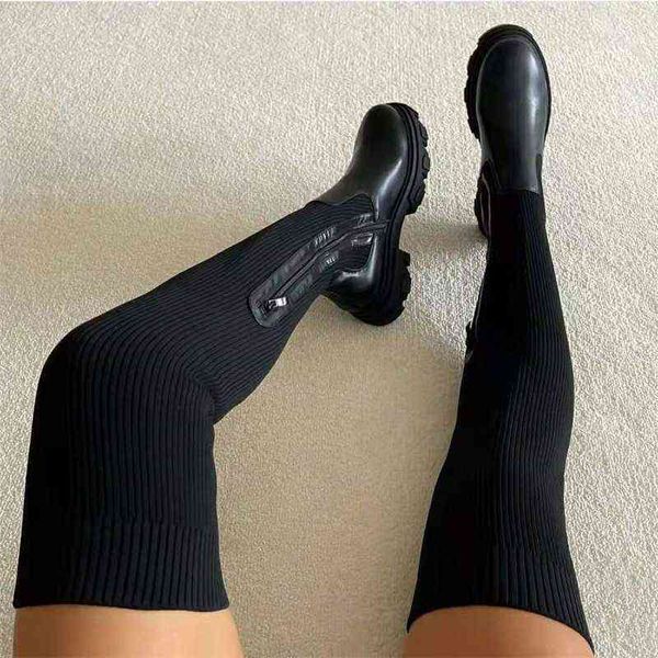 Image of Autumn and Winterwomen&#039;s Over-the-knee Boots Knit Upper Solid Color Round Toe Square Heel Boots Comfortable and Casual Learning H1116
