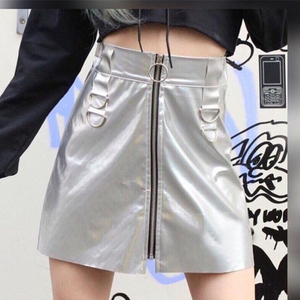 skirts women mini pu casual party club black chic gothic cool high waist aline plain zipper female fashion