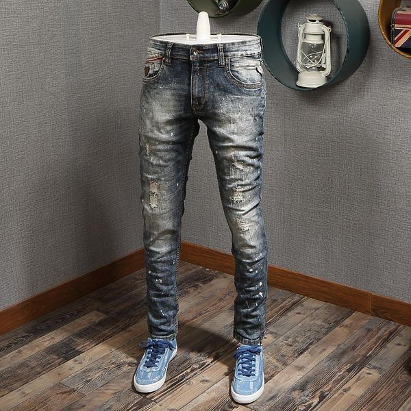 men's jeans italian style fashion men retro gray blue elastic slim fit ripped distressed painted designer vintage denim pants
men's jeans italian style fashion men retro gray blue elastic slim fit ripped distressed painted designer vintage denim pants
