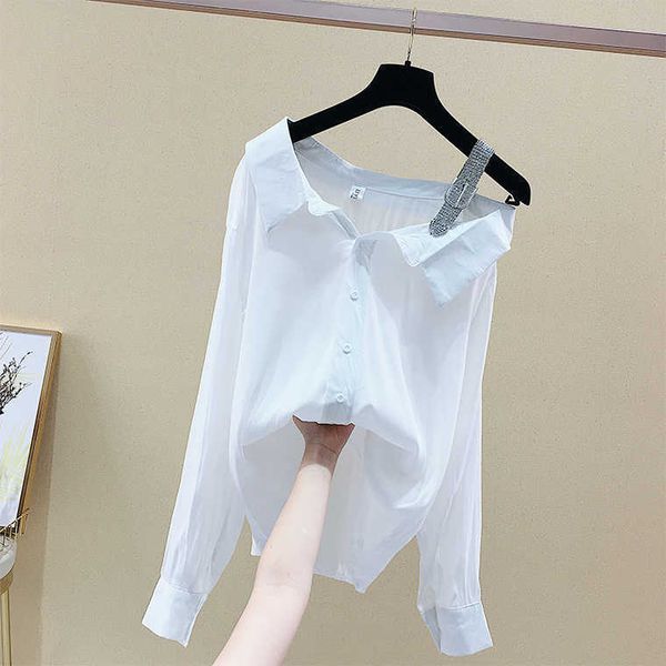 design skew collar single breasted slim full solid shirt autumn blouse women 210615, White
design skew collar single breasted slim full solid shirt autumn blouse women 210615, White