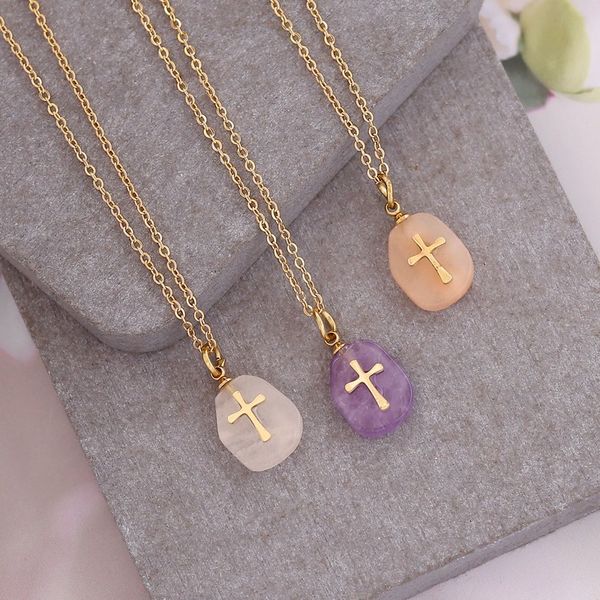 three colors natural stone cross pendant necklace fadeless stainless steel irregular stone cross shaped necklace, Silver
three colors natural stone cross pendant necklace fadeless stainless steel irregular stone cross shaped necklace, Silver