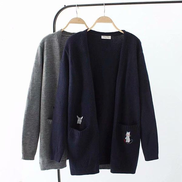 women's sweaters plus size embroidered pockets knitted wool women cardigan coat 2021 autumn gray & dark blue ladies sweater female knit, White;black
women's sweaters plus size embroidered pockets knitted wool women cardigan coat 2021 autumn gray & dark blue ladies sweater female knit, White;black