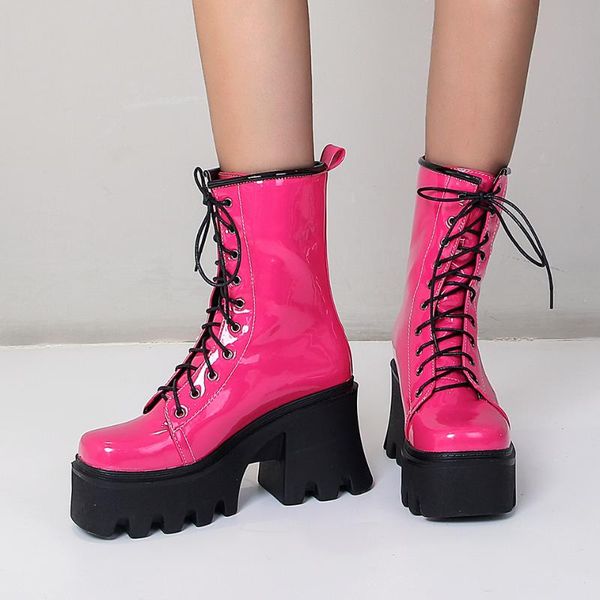 boots 2021 bright patent leather street fashion style with cross straps super thick and high rose red mid-calf, Black
boots 2021 bright patent leather street fashion style with cross straps super thick and high rose red mid-calf, Black