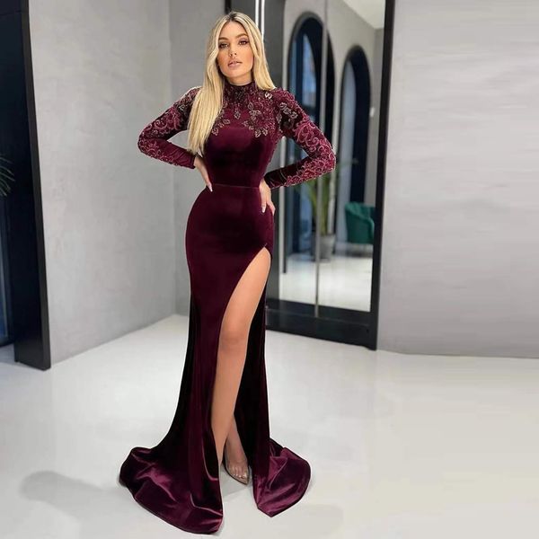 high neck velvet long sleeves mermaid evening dresses side split sweep train appliqued formal prom party gowns for women, Black;red
high neck velvet long sleeves mermaid evening dresses side split sweep train appliqued formal prom party gowns for women, Black;red