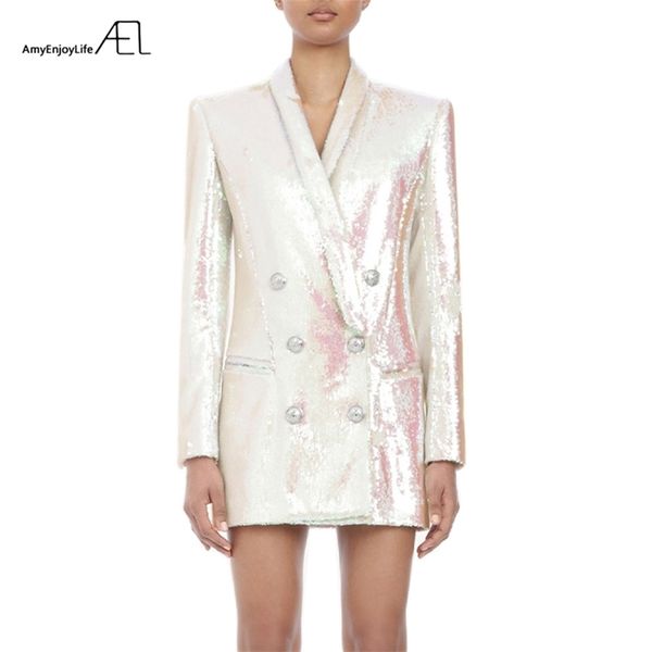 white glitter woman coat fashion slim v neck ol style day suit jacket spring ladies 211122, White;black
white glitter woman coat fashion slim v neck ol style day suit jacket spring ladies 211122, White;black
