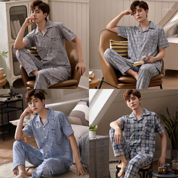 men's sleepwear 2021 summer short sleeve long pants pajama sets for men casual plaid cotton pyjamas male homewear lounge wear clothes, Black;brown
men's sleepwear 2021 summer short sleeve long pants pajama sets for men casual plaid cotton pyjamas male homewear lounge wear clothes, Black;brown