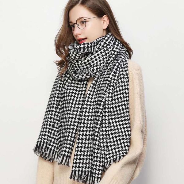 british style cashmere like scarf women's classic autumn and winter thousand bird check hair whisker knitted long size shawl, Blue;black
british style cashmere like scarf women's classic autumn and winter thousand bird check hair whisker knitted long size shawl, Blue;black