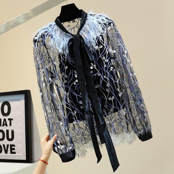 women's blouses & shirts 2021 spring summer for woman loose feathers embroidered shirt fashion bow transparent perspective blouse with, White
women's blouses & shirts 2021 spring summer for woman loose feathers embroidered shirt fashion bow transparent perspective blouse with, White