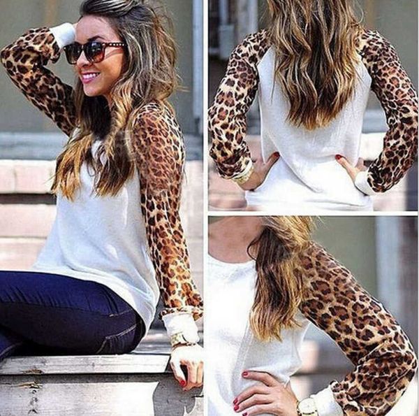 women plus size leopard t-shirts spring summer chiffon long sleeved casual loose woman fashion tees clothes, White 
women plus size leopard t-shirts spring summer chiffon long sleeved casual loose woman fashion tees clothes, White