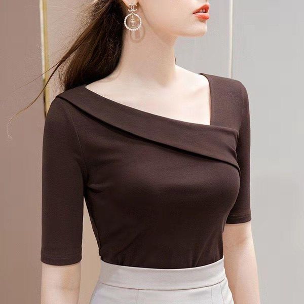 women's t-shirt cotton mid-sleeve summer style small shirt five-point sleeve exposed clavicle oblique shoulder women, White
women's t-shirt cotton mid-sleeve summer style small shirt five-point sleeve exposed clavicle oblique shoulder women, White