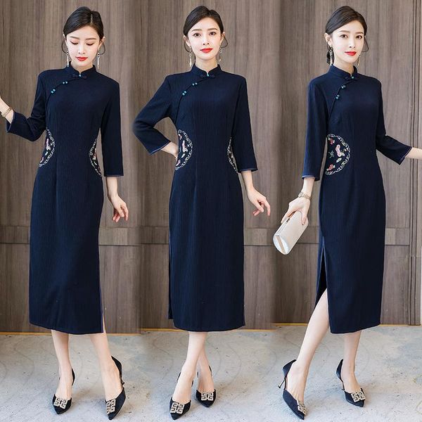 casual dresses coigarsam women long dress autumn 2022 chinese style cheongsam vintage three quarter sleeve solid navy robe, Black;gray
casual dresses coigarsam women long dress autumn 2022 chinese style cheongsam vintage three quarter sleeve solid navy robe, Black;gray