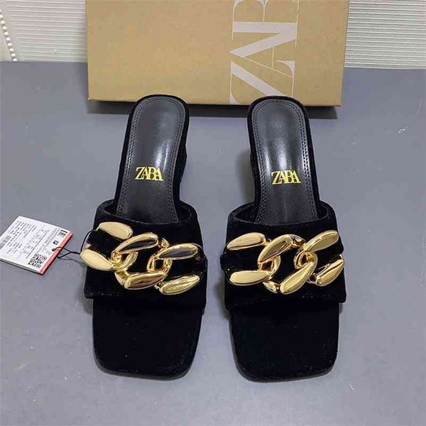 za spring women's shoes black chain decorated velvet high-heeled thick-heeled sandals with square toe open-toe slippers 210805