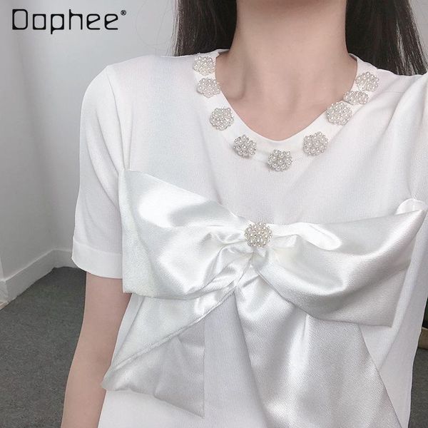 women's t-shirt 2021 summer big bow decoration slim round neck short sleeve thin knitwear for women, White
women's t-shirt 2021 summer big bow decoration slim round neck short sleeve thin knitwear for women, White