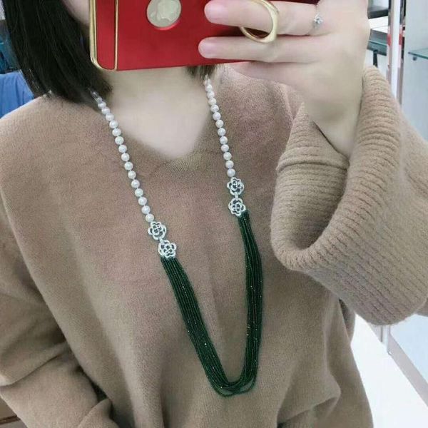 chains hand knotted double use 8-9mm white freshwater pearl necklace green glass multilayer long 95cm sweater chain fashion jewelry, Silver
chains hand knotted double use 8-9mm white freshwater pearl necklace green glass multilayer long 95cm sweater chain fashion jewelry, Silver