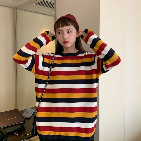 2021 new college style retro colored striped pullover loose wild simple fashion sweater 7bya, White;black
2021 new college style retro colored striped pullover loose wild simple fashion sweater 7bya, White;black