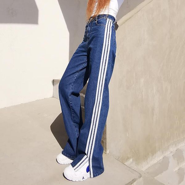 women's jeans european streetwear 2021 autumn women high waist wide leg pants casual three stripe trousers, Blue
women's jeans european streetwear 2021 autumn women high waist wide leg pants casual three stripe trousers, Blue