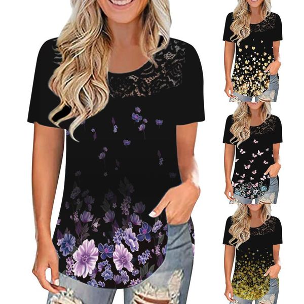 women's blouses & shirts women fashion lace splicing o-neck print short sleeve shirt blouse casual loose oversized blusas elegantes mu, White