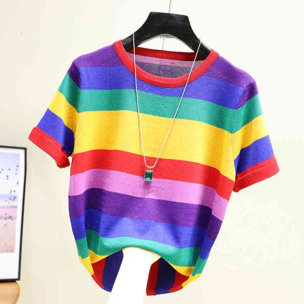 women's sweaters 2021 summer rainbow striped sweater women short sleeve knitted pullover loose fashion unjy, White;black
women's sweaters 2021 summer rainbow striped sweater women short sleeve knitted pullover loose fashion unjy, White;black