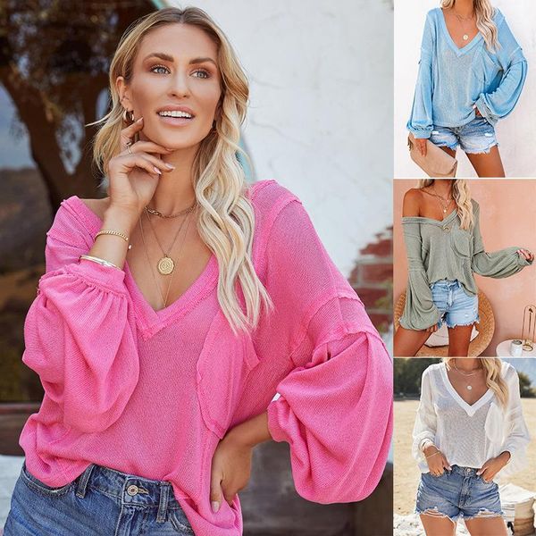 women's t-shirt fashion autumn sweater pullover knit loose long sleeve v-neck casual ladies, White
women's t-shirt fashion autumn sweater pullover knit loose long sleeve v-neck casual ladies, White