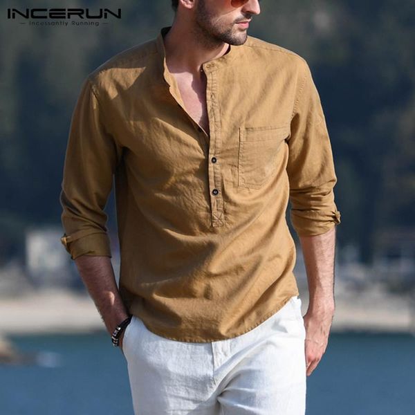 men's casual shirts incerun men shirt solid color long sleeve cotton blouse chic stand collar fashion handsome streetwear 2021 camisas, White;black
men's casual shirts incerun men shirt solid color long sleeve cotton blouse chic stand collar fashion handsome streetwear 2021 camisas, White;black
