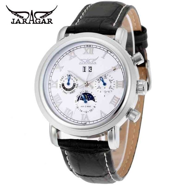 moon phase design calendar jaragar display black leather band men automatic wristwatch bearings mechanical clocks, Slivery;brown
moon phase design calendar jaragar display black leather band men automatic wristwatch bearings mechanical clocks, Slivery;brown