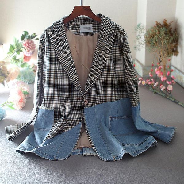 women's suits & blazers superaen denim patchwork design irregular plaid loose casual notched full suit coat office lady blazer women, White;black
women's suits & blazers superaen denim patchwork design irregular plaid loose casual notched full suit coat office lady blazer women, White;black