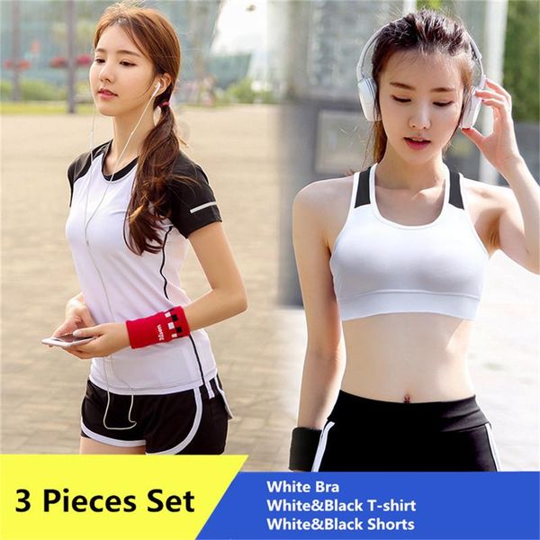 women 3 pieces yoga set patchwork white bra+white / black t-shirt+shorts female quick dry girls sportswear gym running outwear, White;red
women 3 pieces yoga set patchwork white bra+white / black t-shirt+shorts female quick dry girls sportswear gym running outwear, White;red