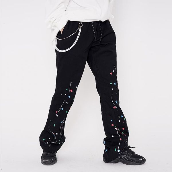 men's pants high street iron chain splash ink flare men and women straight retro wide leg casual trousers oversize baggy track, Black 
men's pants high street iron chain splash ink flare men and women straight retro wide leg casual trousers oversize baggy track, Black