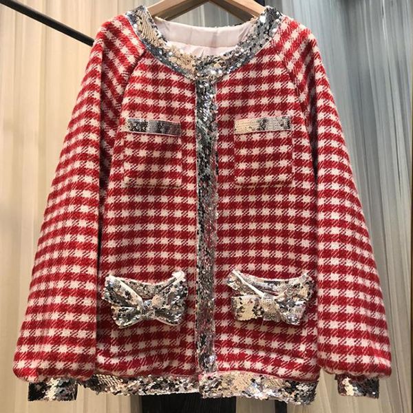 women's wool & blends beaded sequin bow double pocket pink retro plaid loose coat cardigans lantern oversize winter brand fashion cloth, Black
women's wool & blends beaded sequin bow double pocket pink retro plaid loose coat cardigans lantern oversize winter brand fashion cloth, Black
