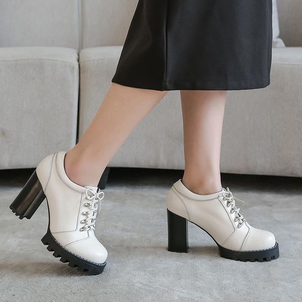 

dress shoes may niamh office lady pumps 9cm high square heels round toe black white real cow leather elegant lace-up for woman a332