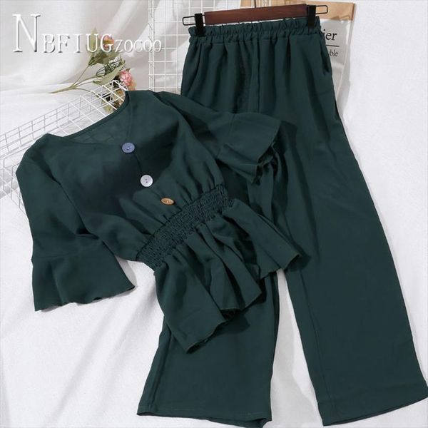 v neck elastic waist ruffles womenpant hem blouse and high slim wide leg pants women sets, White
v neck elastic waist ruffles womenpant hem blouse and high slim wide leg pants women sets, White