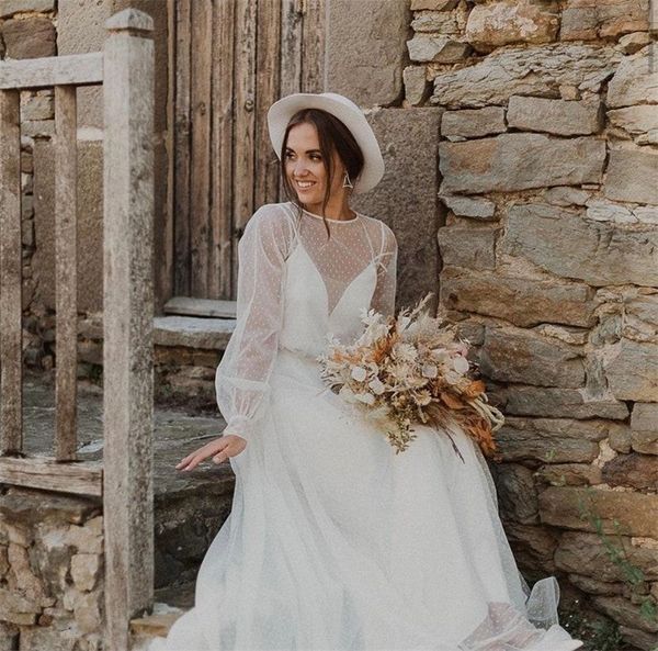 chic wedding dresses boho beach bridal gown vestido de novia dot lace backless a line long sleeves custom made robe de mariée, White
chic wedding dresses boho beach bridal gown vestido de novia dot lace backless a line long sleeves custom made robe de mariée, White