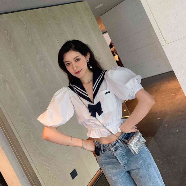 2021 new navy feng shui collar short shirt with bubble sleeve, White 
2021 new navy feng shui collar short shirt with bubble sleeve, White