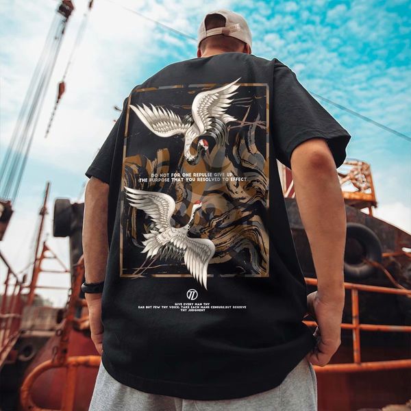 t shirt 2021 short sleeve men's china style crane fat fashion loose trend large half, White;black
t shirt 2021 short sleeve men's china style crane fat fashion loose trend large half, White;black