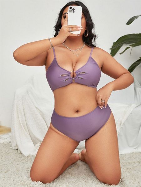 plus cut-out ring linked bikini swimsuit h2u4#, Black 
plus cut-out ring linked bikini swimsuit h2u4#, Black