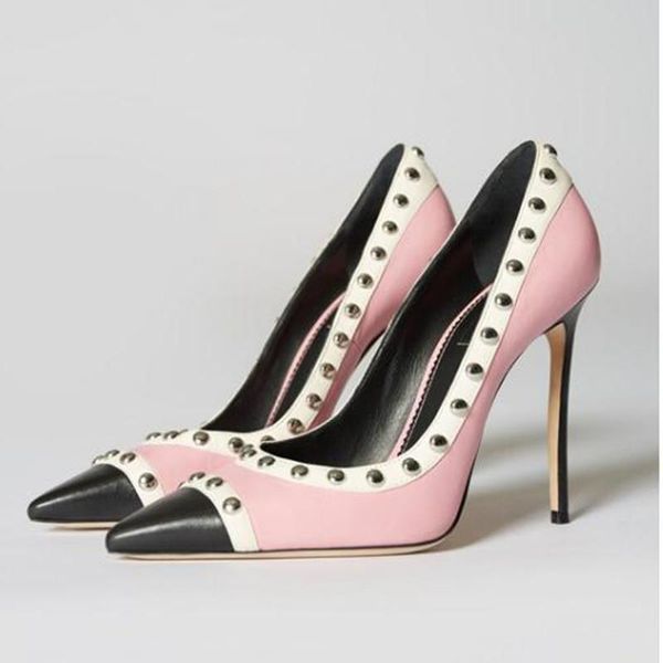 fashion design pink white patchwork leather thin high heels studded rivets women shoes pointed toe shallow pumps, Black
fashion design pink white patchwork leather thin high heels studded rivets women shoes pointed toe shallow pumps, Black