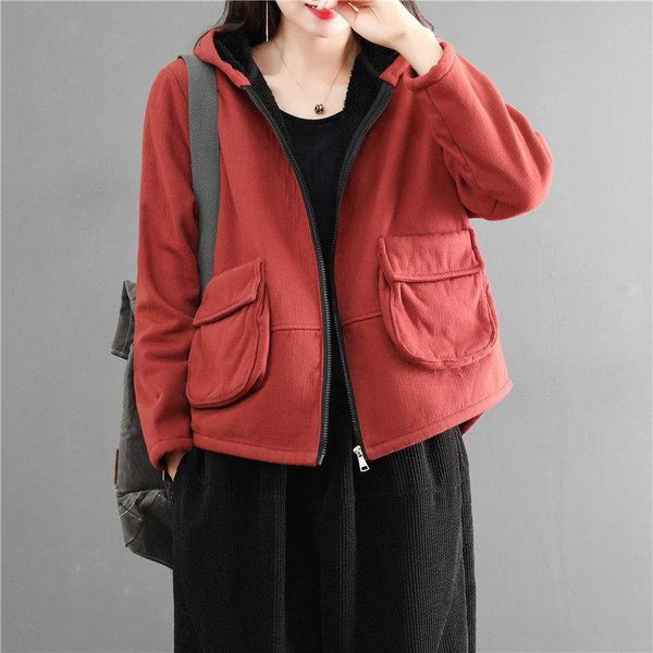 hooded cotton and linen flecee jacket women short autumn winter new retro loose casual clothes ladies plus velvet coat y1406, Black;brown 
hooded cotton and linen flecee jacket women short autumn winter new retro loose casual clothes ladies plus velvet coat y1406, Black;brown