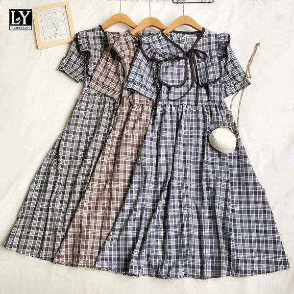 ly varey lin summer women sweet sailor collar plaid high waist dresses female casual short sleeve slim a-line midi 210526, Black;gray
ly varey lin summer women sweet sailor collar plaid high waist dresses female casual short sleeve slim a-line midi 210526, Black;gray