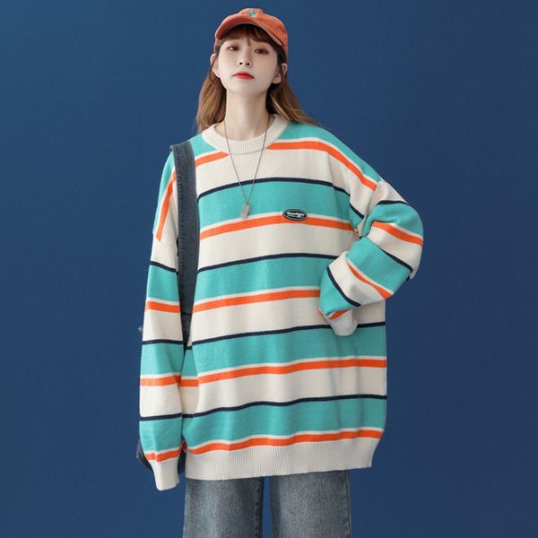 women's knits & tees stripe sweater women autumn winter casual vintage preppy style o-neck pullover long sleeve loose knitted, White 
women's knits & tees stripe sweater women autumn winter casual vintage preppy style o-neck pullover long sleeve loose knitted, White