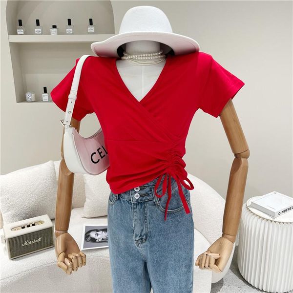 women's t-shirt clothing summer 2021 fashion v-neck cross hem drawstring waist short sleeve slim fit bottoming top, White
women's t-shirt clothing summer 2021 fashion v-neck cross hem drawstring waist short sleeve slim fit bottoming top, White