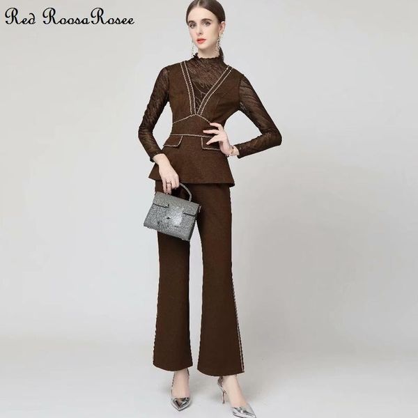 women's two piece pants red roosarosee fashion autumn women stand collar wrist sleeve + long flare office lady brown sets twinset suit, White
women's two piece pants red roosarosee fashion autumn women stand collar wrist sleeve + long flare office lady brown sets twinset suit, White