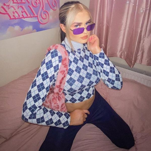 women's t-shirt y2k aesthetics argyle plaid knitted cropped 2000s vintage turtleneck long sleeve blue t-shirts e-girl women slim fit ou, White
women's t-shirt y2k aesthetics argyle plaid knitted cropped 2000s vintage turtleneck long sleeve blue t-shirts e-girl women slim fit ou, White