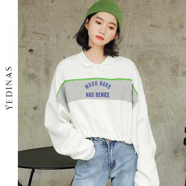 

yedinas letter short hoodies for women fashion long sleeve o nevk hoody ladies korean preppy style female sweatshirt autumn 210527, Black