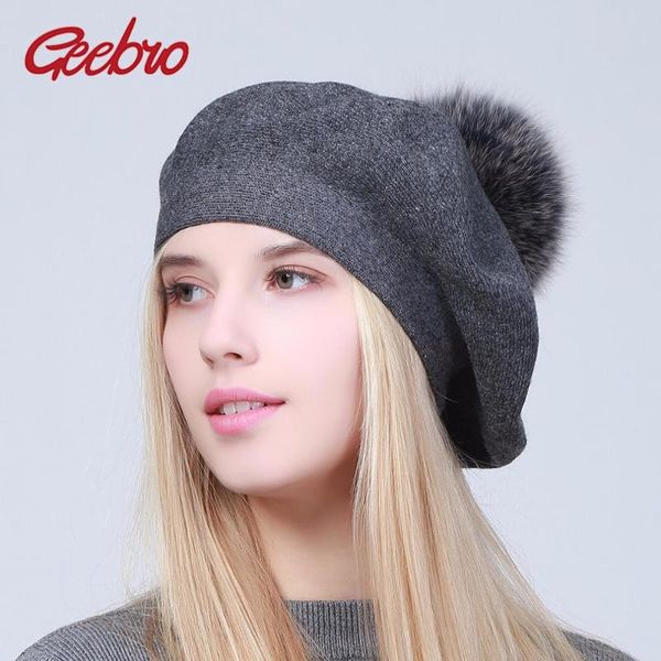 berets geebro female winter warmer casual knitted with natural raccoon fur pompon hats girls solid color soft beanies caps, Blue;gray
berets geebro female winter warmer casual knitted with natural raccoon fur pompon hats girls solid color soft beanies caps, Blue;gray